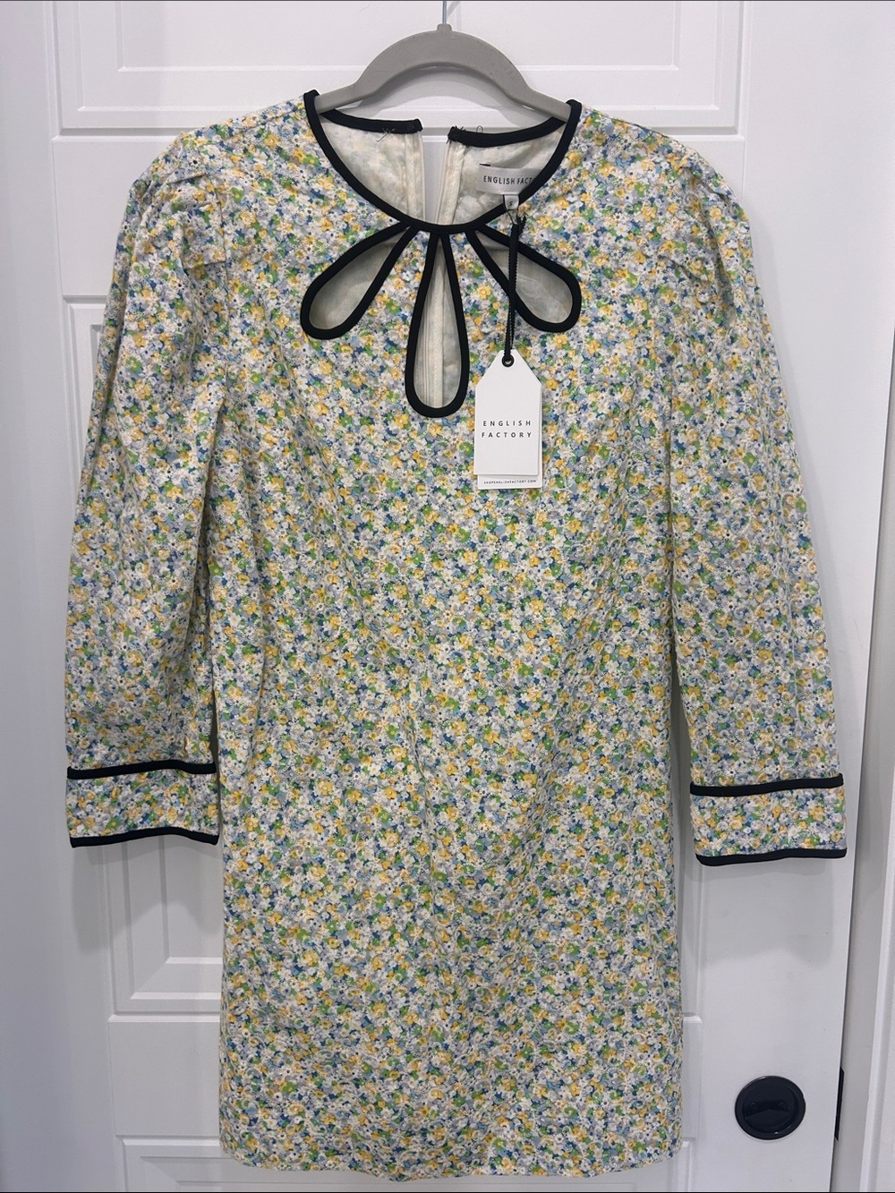 English Factory Yellow Floral Tie-Neck Shift with Black Trim NWT